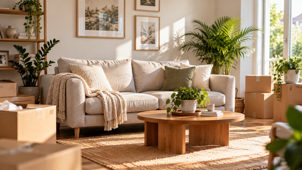 A settled living room with sunlight, a sofa, and the last packing boxes