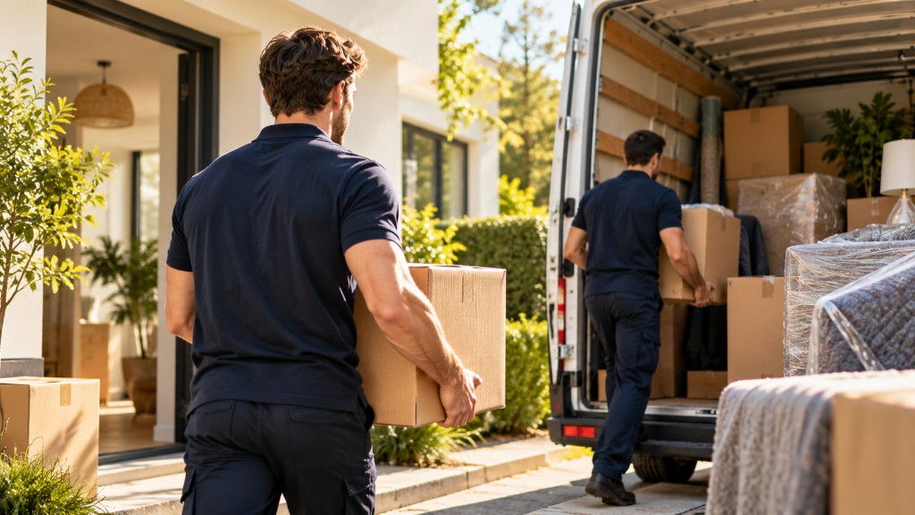 Removal team carrying boxes from a home into a loaded van
