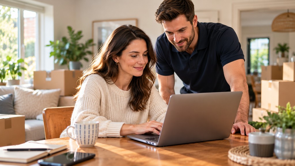 A couple reviewing their removal plan together on a laptop